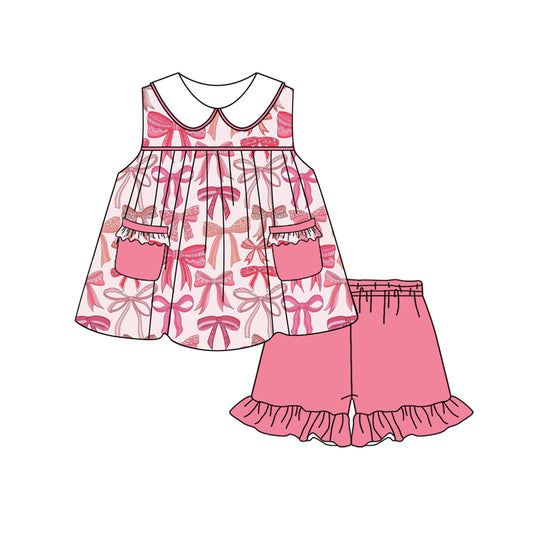 Baby Girls Pink Bows Collar Tunic Ruffle Shorts Clothes Sets preorder