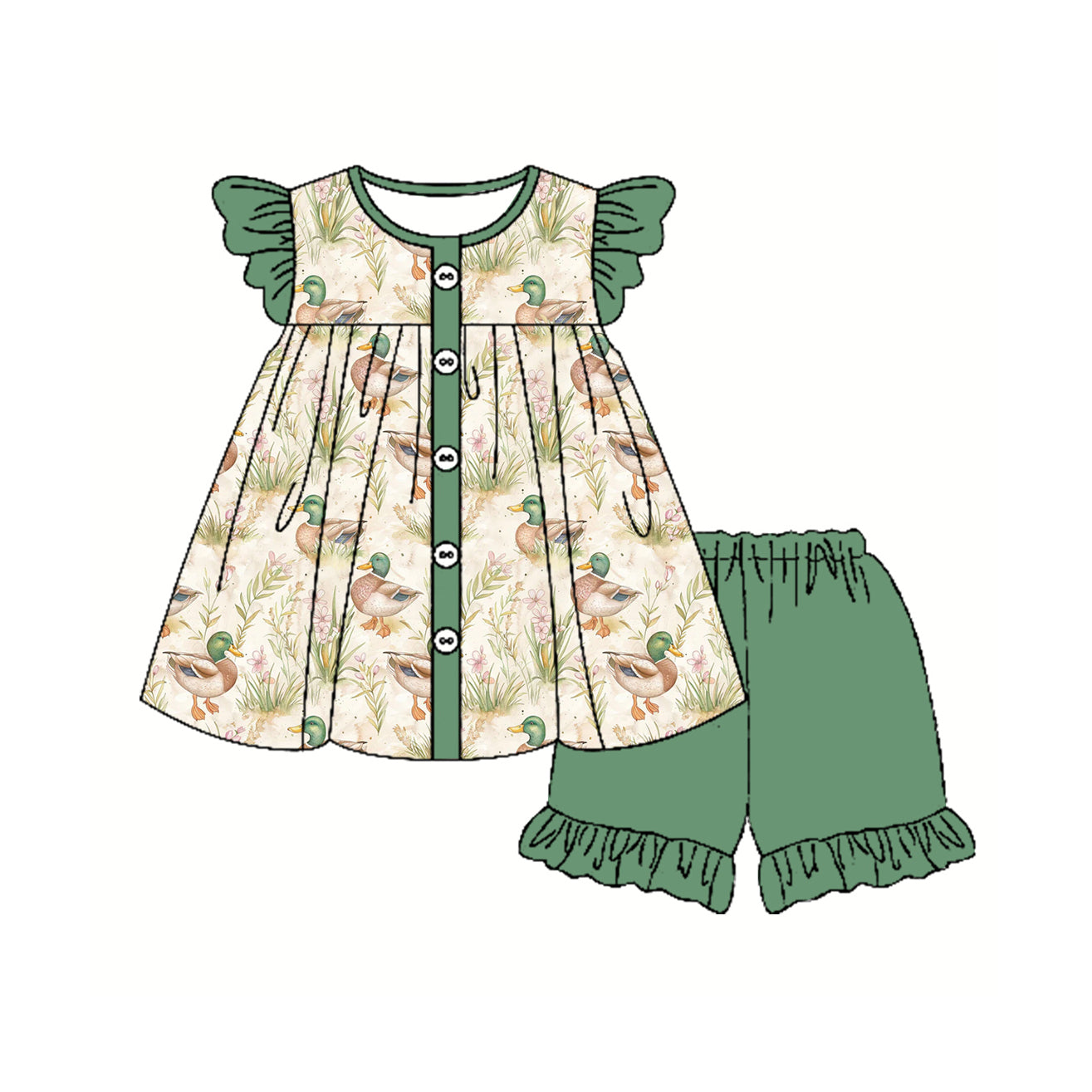 Baby Girls Ducks Mallard Flowers Tunic Ruffle Shorts Clothes Sets preorder