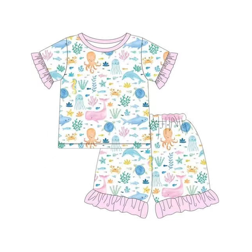 Baby Girls Pink Sea Animals Shirt Ruffle Shorts Pajamas Clothes Sets preorder