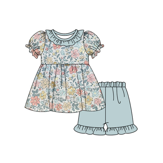 Baby Girls Green Flowers Tunic Ruffle Shorts Clothes Sets preorder