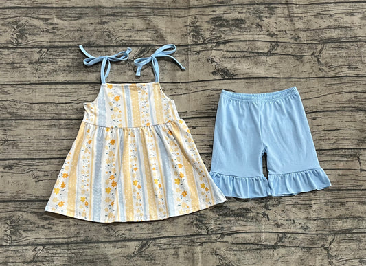 Baby Girls Blue Strap Yellow Floral Stripe Tunic Ruffle Shorts Sets