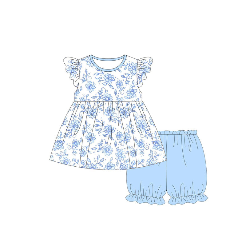 Baby Girls Blue Flowers Tunic Elastic Shorts Clothes Sets preorder