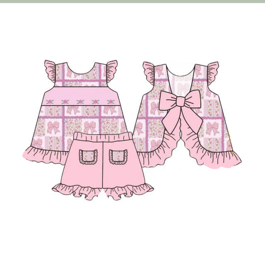 Baby Girls Pink Bows Flowers Tunic Ruffle Shorts Clothes Sets preorder