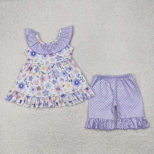 Baby Girls Lavender Flowers Bow Tunic Ruffle Shorts Clothes Sets