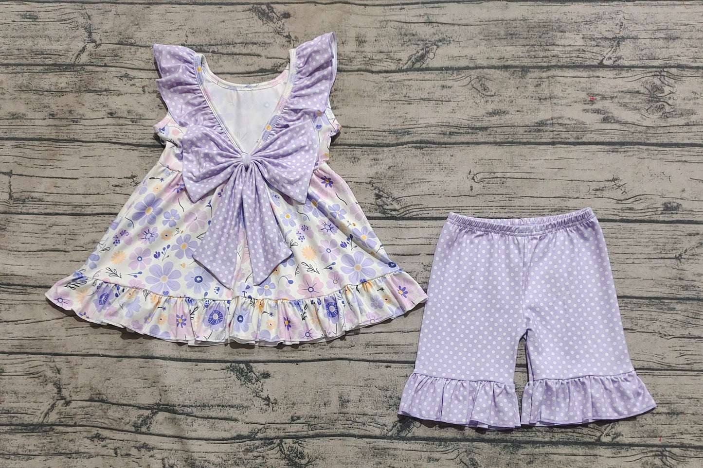 Baby Girls Lavender Flowers Bow Tunic Ruffle Shorts Clothes Sets