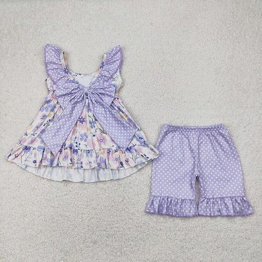 Baby Girls Lavender Flowers Bow Tunic Ruffle Shorts Clothes Sets
