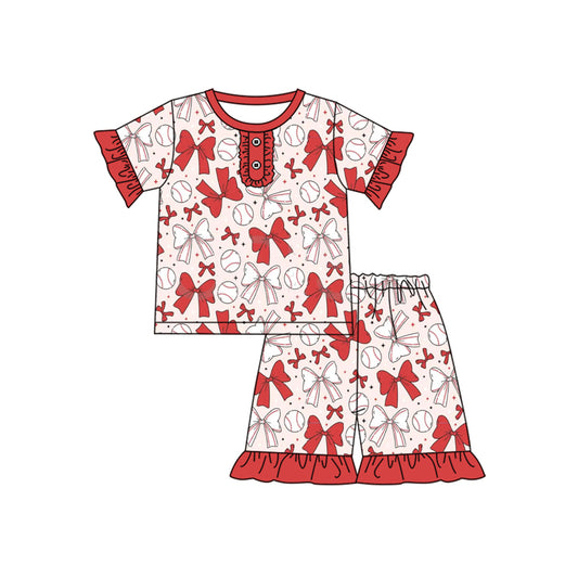 Baby Girls Red Bows Baseball Shirt Ruffle Shorts Pajamas Clothes Sets preorder