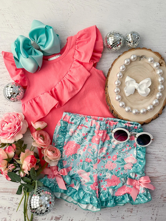 Baby Girls Pink Shirts Ruffle Flowers Shorts Clothes Sets preorder