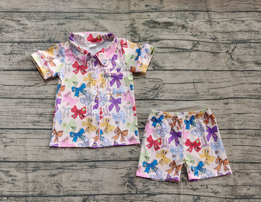 Baby Girls Pink Princess Bows Button Pocket Top Shorts Pajamas Sets
