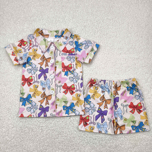 Baby Girls Pink Princess Bows Button Pocket Top Shorts Pajamas Sets