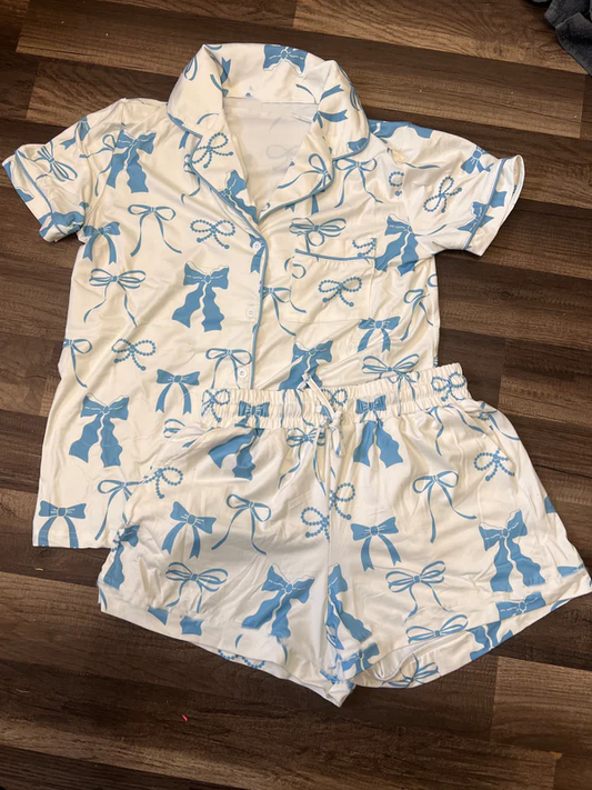 Baby Girls Blue Bows Button Pocket Top Short Pajamas Set Preorder