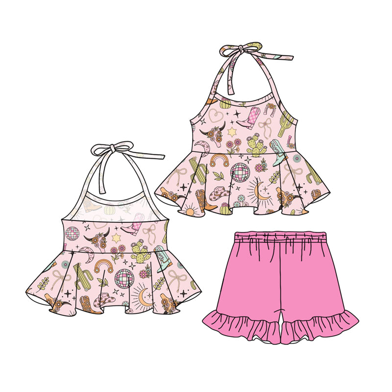 Baby Girls Pink Strap Boots Cactus Tunic Ruffle Short Clothes Set Preorder