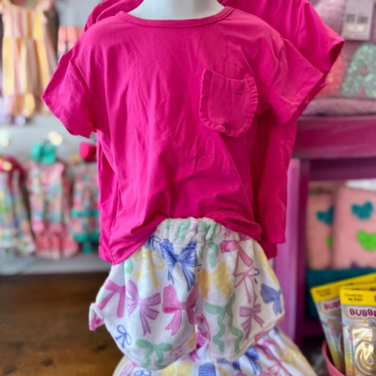 Baby Girls Hot Pink Short Sleeves Pocket Top Colorful Bows Short Clothes Set Preorder
