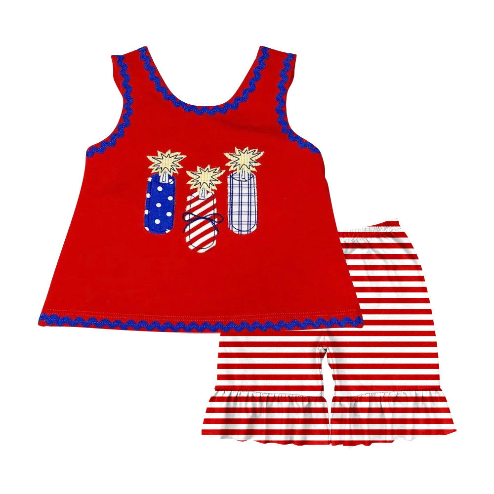 Baby Girls Red Sleeveless Fireworks Tunic Stripe Ruffle Short 4th Of July Set Preorder