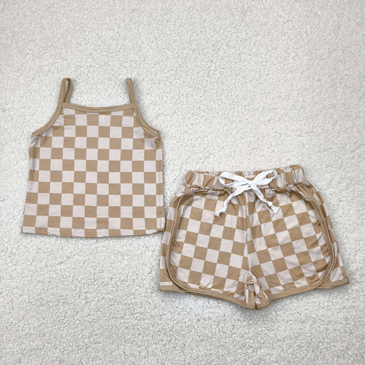 Baby Girls Brown Strap Plaid Top Shorts Sport Sets