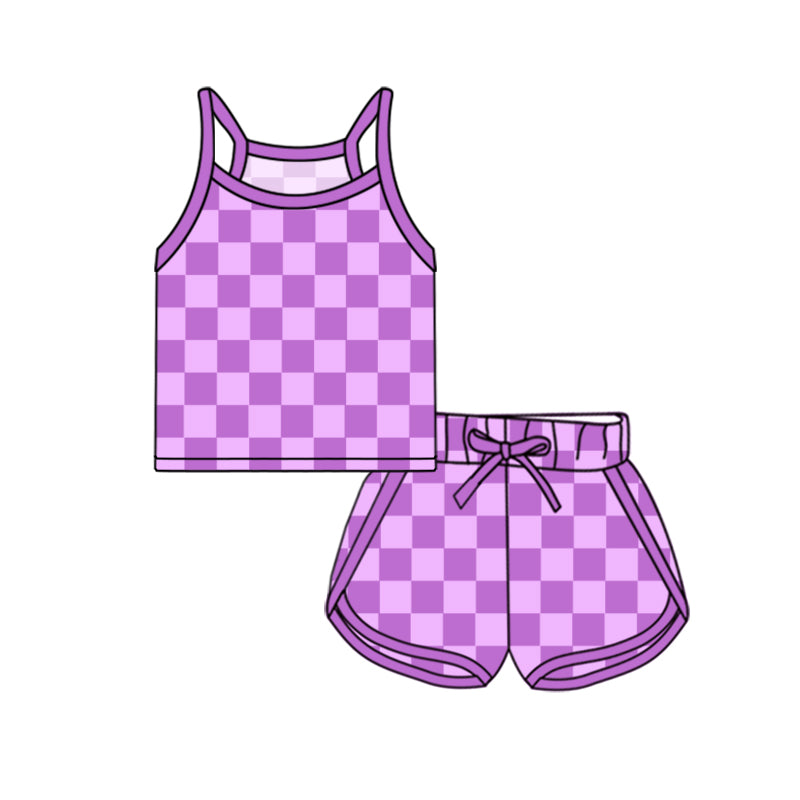 Preorder moq 5 Baby Girls Purple Strap Plaid Top Short Sport Set