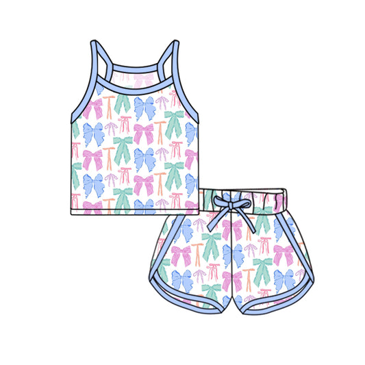 Baby Girls Blue Strap Colorful Bows Plaid Top Short Sport Set Preorder