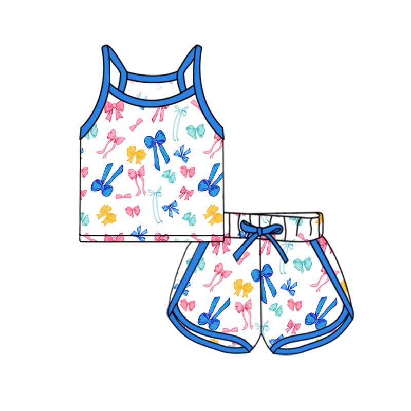 Baby Girls Hot Blue Strap Colorful Bows Plaid Top Short Sport Set Preorder