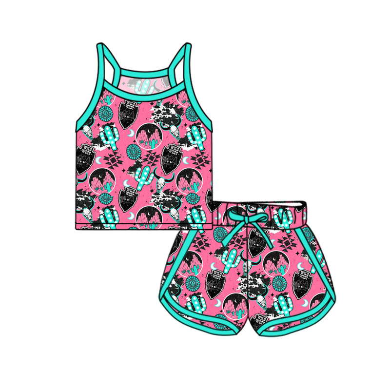 Baby Girls Strap Pink Cactus Cow Print Camo Top Short Sport Set Preorder