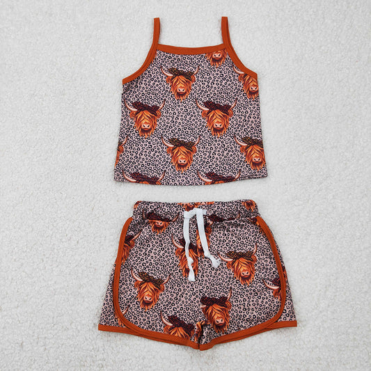 Baby Girls Brown Strap Leopard Highland Cows Top Shorts Sets
