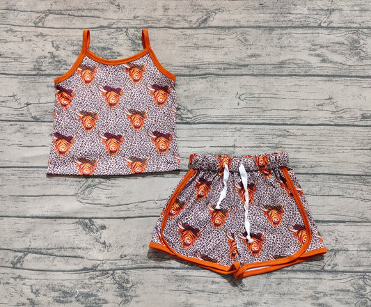 Baby Girls Brown Strap Leopard Highland Cows Top Shorts Sets