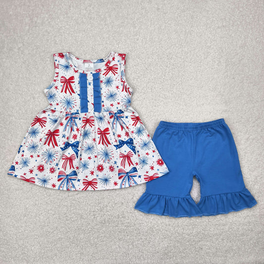 Sibling Baby Girls 4th Of July Bows Tunic Top Ruffle Shorts Sets