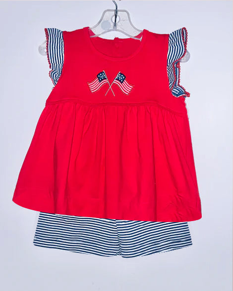 Baby Girls Red Flutter Sleeves Flags Tunic Black Stripe Short 4th Of July Set preorder