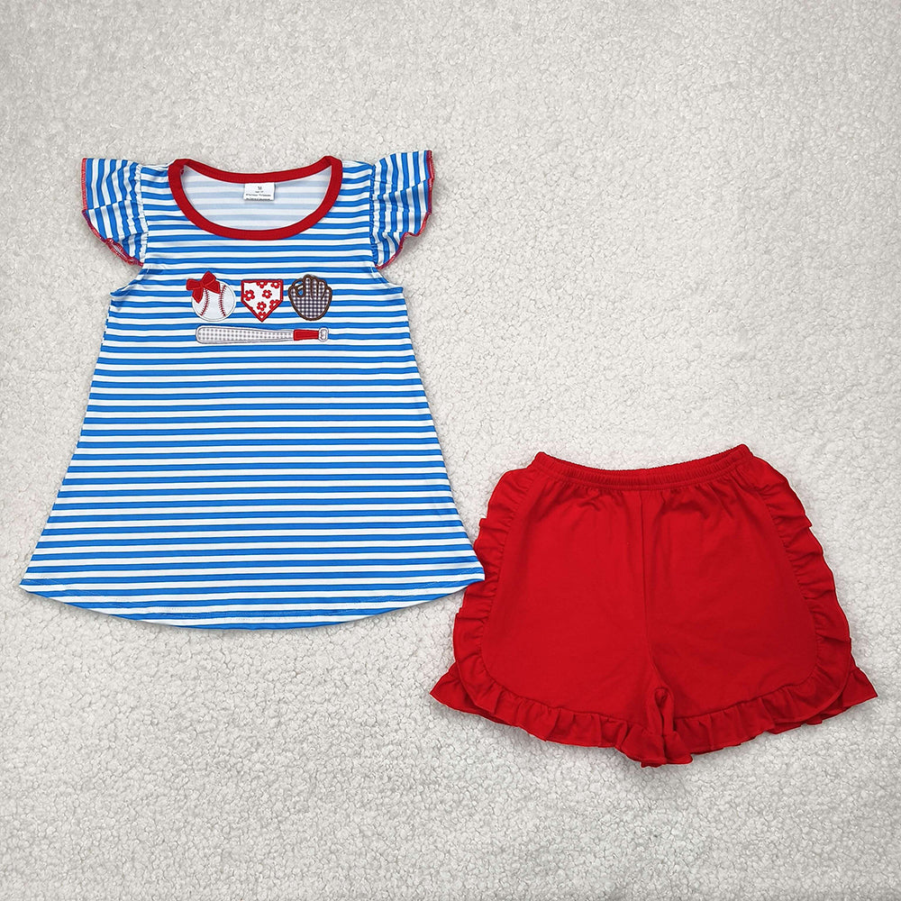 Embroidery Baby Girls Blue Stripes Baseballs Tunic Red Ruffle Shorts Sets