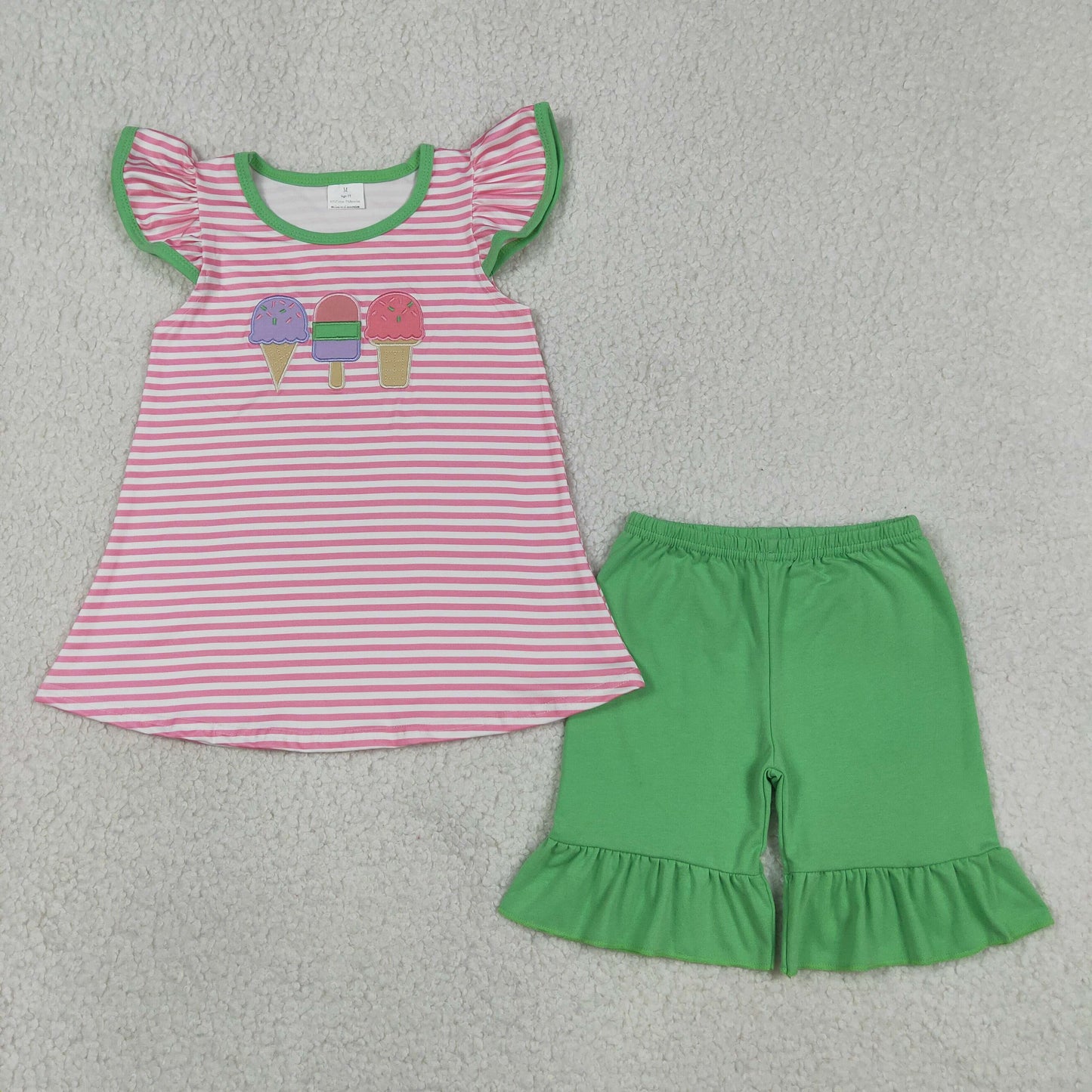 Embroidery Popsicle Baby Girls Pink Stripe Tunic Ruffle Short Set