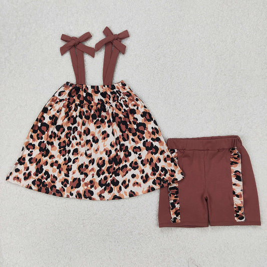 Baby Girls Brown Bows Strap Leopard Tunic Ruffle Shorts Sets