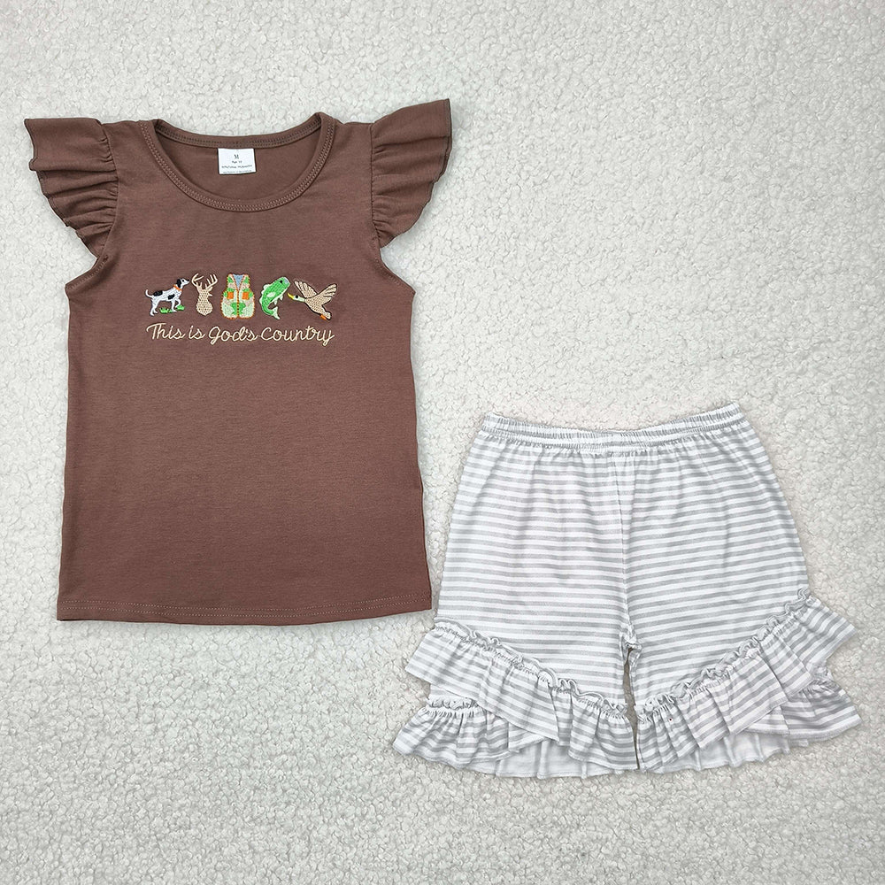Embroidery Baby Girls Brown Gods Country Top Ruffle Stripe Shorts Sets