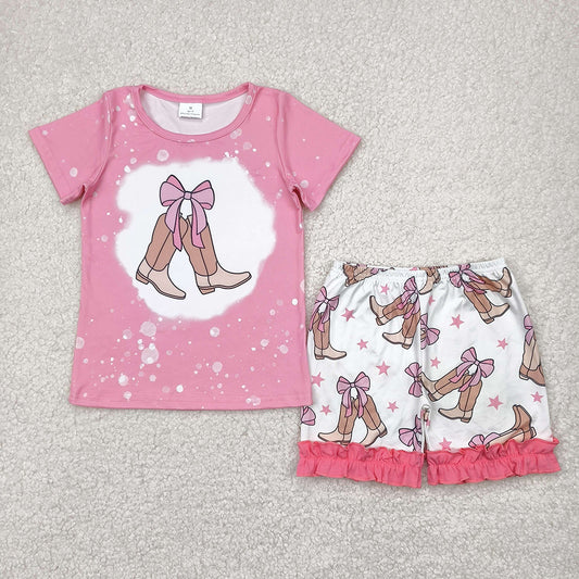Baby Girls Western Pink  Bow Boots Top Ruffle Shorts Sets