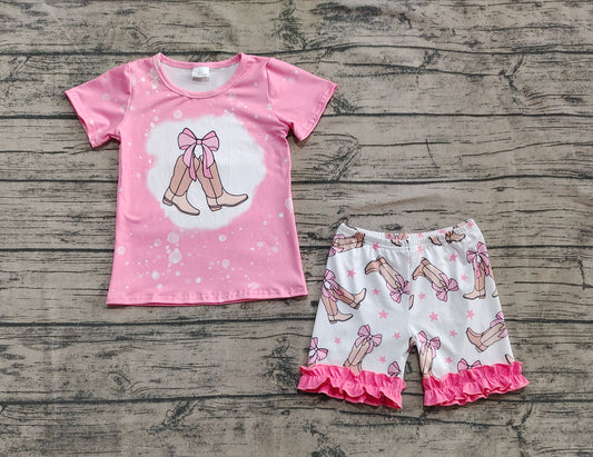 Baby Girls Western Pink  Bow Boots Top Ruffle Shorts Sets
