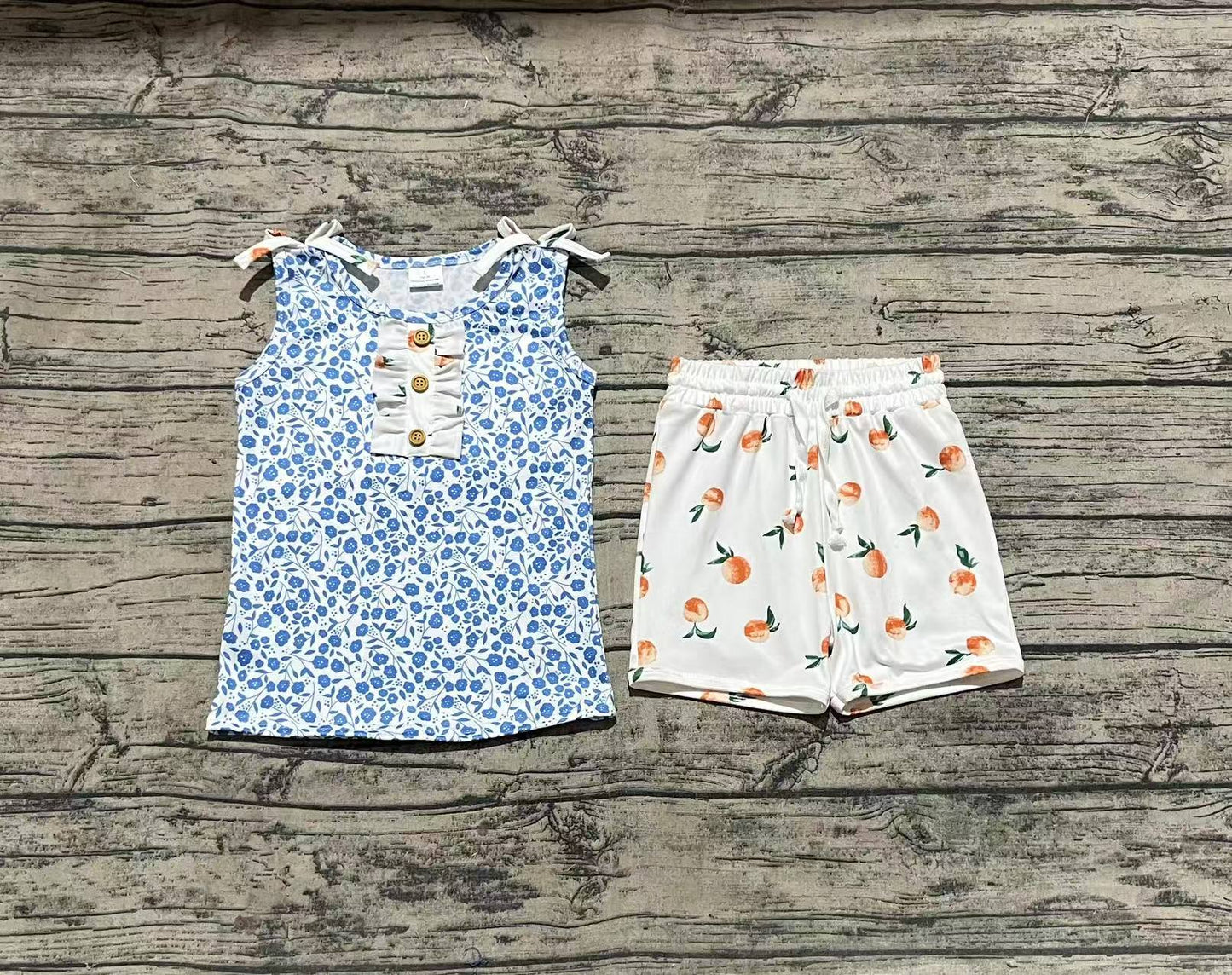 Baby Girls Blue Sleeveless Floral Button Top Peach Shorts Set