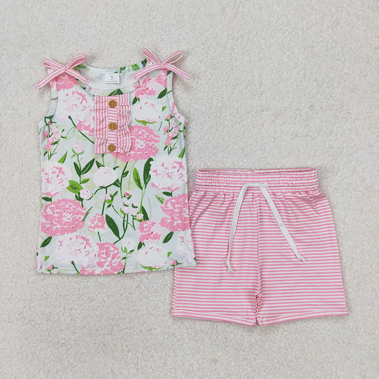 Baby Girls Pink Sleeveless Floral Button Top Stripe Shorts Set