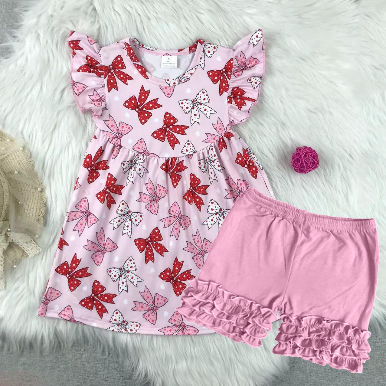 Baby Girls Pink Flutter Sleeves Bows Tunic Ruffle Short Clothes Set Preorder