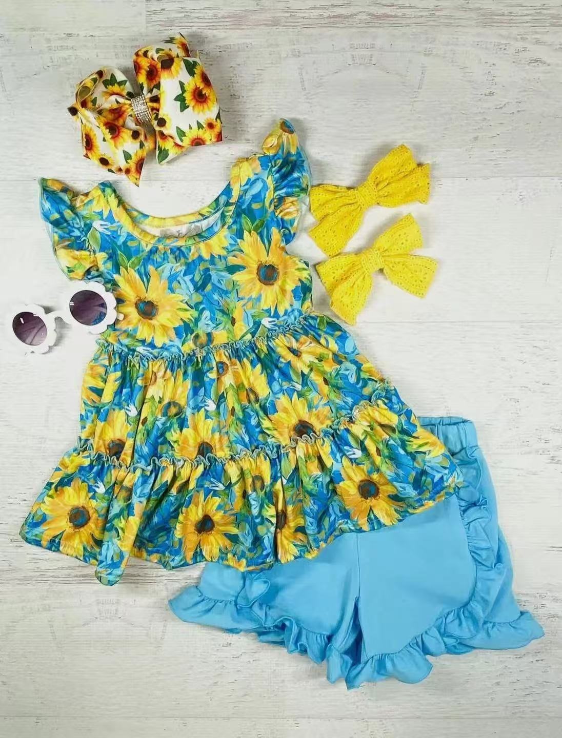 Baby Girls Blue Flutter Sleeves Sunflowers Tunic Ruffle Short Clothes Set Preorder