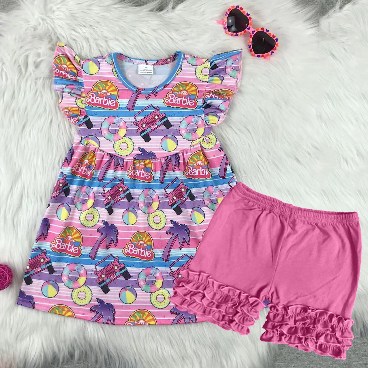 Baby Girls Pink Stripe Flutter Sleeves Cars Dolls Tunic Ruffle Short Clothes Set Preorder