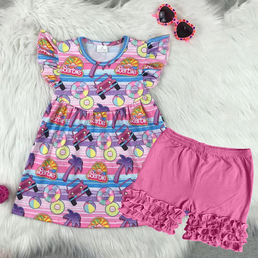 Baby Girls Pink Stripe Flutter Sleeves Cars Dolls Tunic Ruffle Short Clothes Set Preorder