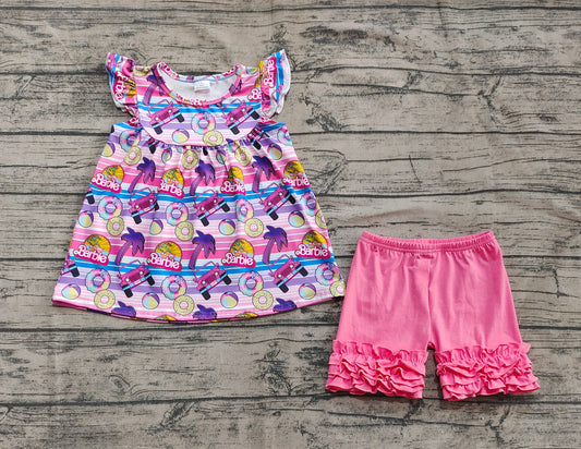 Baby Girls Pink Stripe Flutter Sleeves Cars Dolls Tunic Ruffle Short Clothes Set Preorder