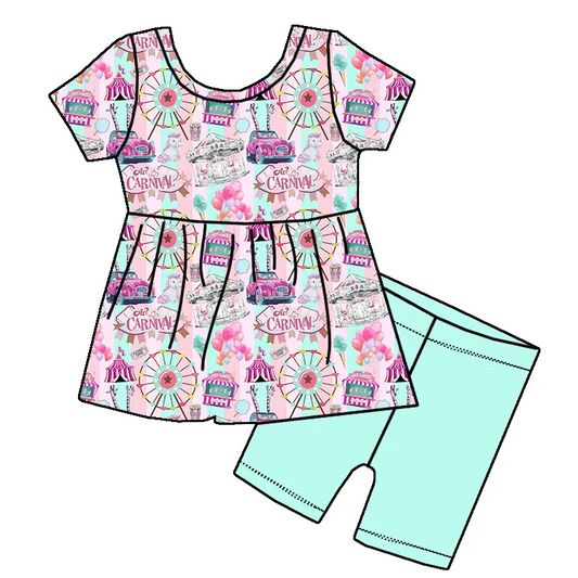 Baby Girls Pink Short Sleeves Sky Wheel Cars Tunic Aqua Short Clothes Set Preorder