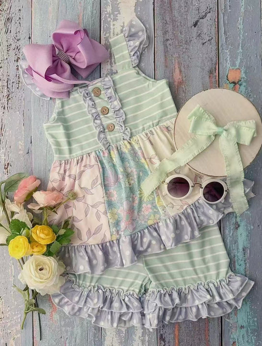 Baby Girls Aqua Stripe Button Floral Patchwork Tunic Ruffle Short Clothes Set Preorder
