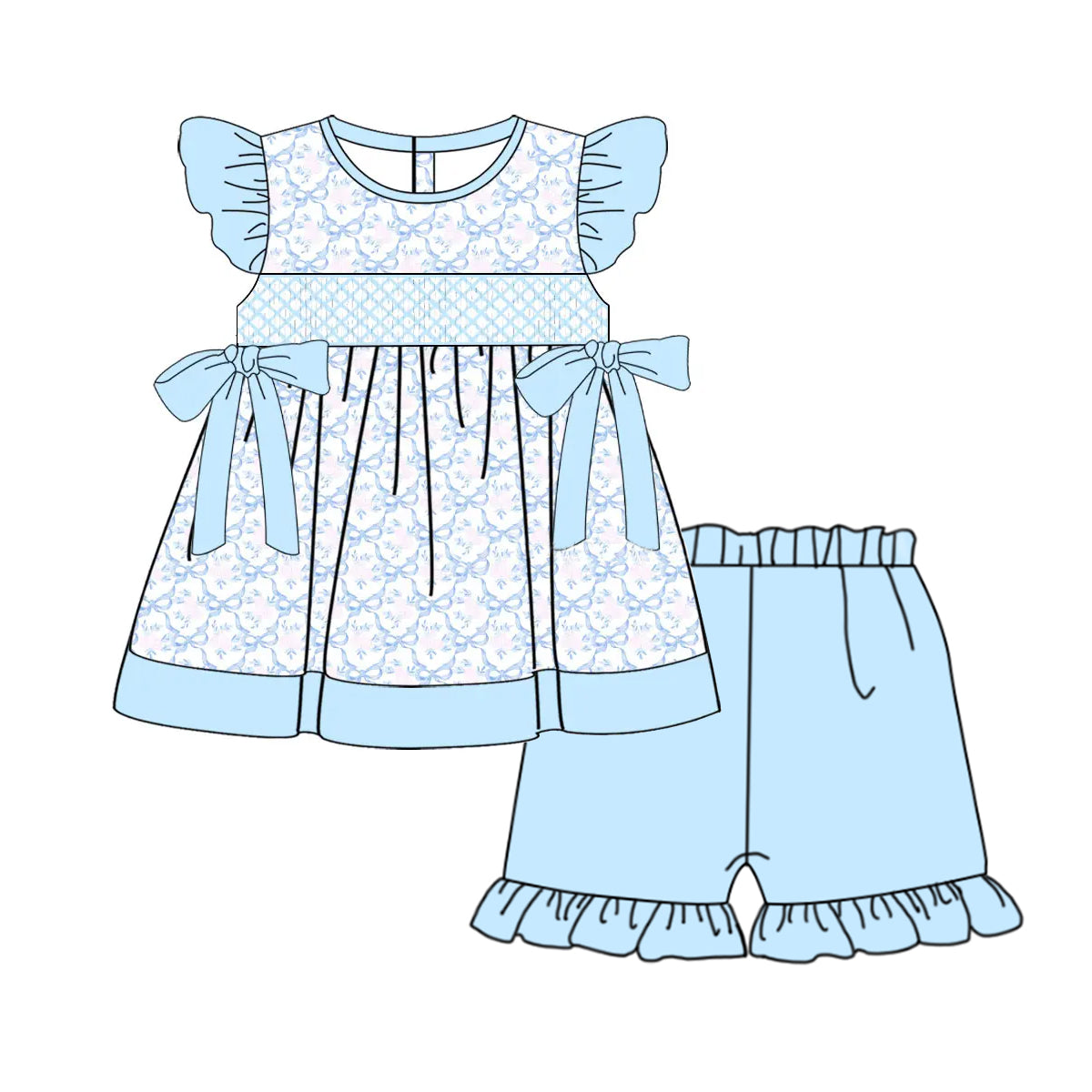 Baby Girls Blue Flutter Sleeves Floral Bows Tunic Ruffle Short Clothes Set Preorder