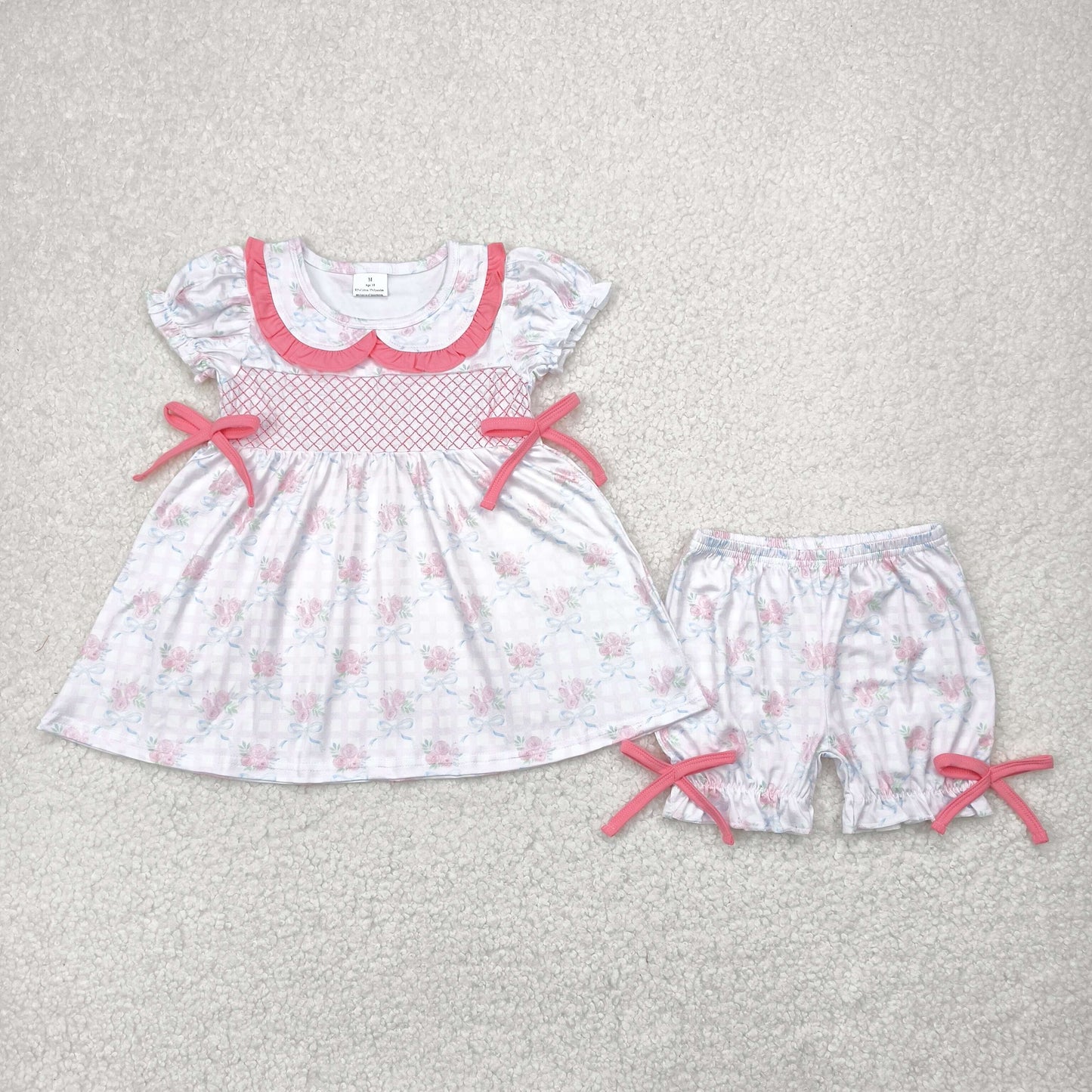 Sibling Embroidery Baby Girls Checkered Bows Tunic Ruffle Shorts Clothes Sets