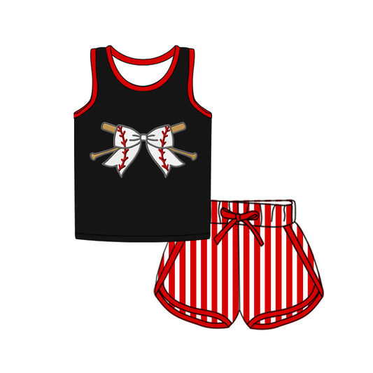Baby Girls Black Sleeveless Bow Baseball Top Red Stripe Shorts Sport Set Preorder