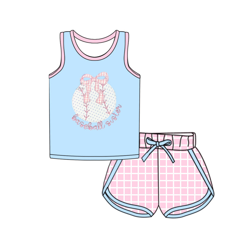 Baby Girls Blue Sleeveless Bow Baseball Top Pink Plaid Shorts Sport Set Preorder