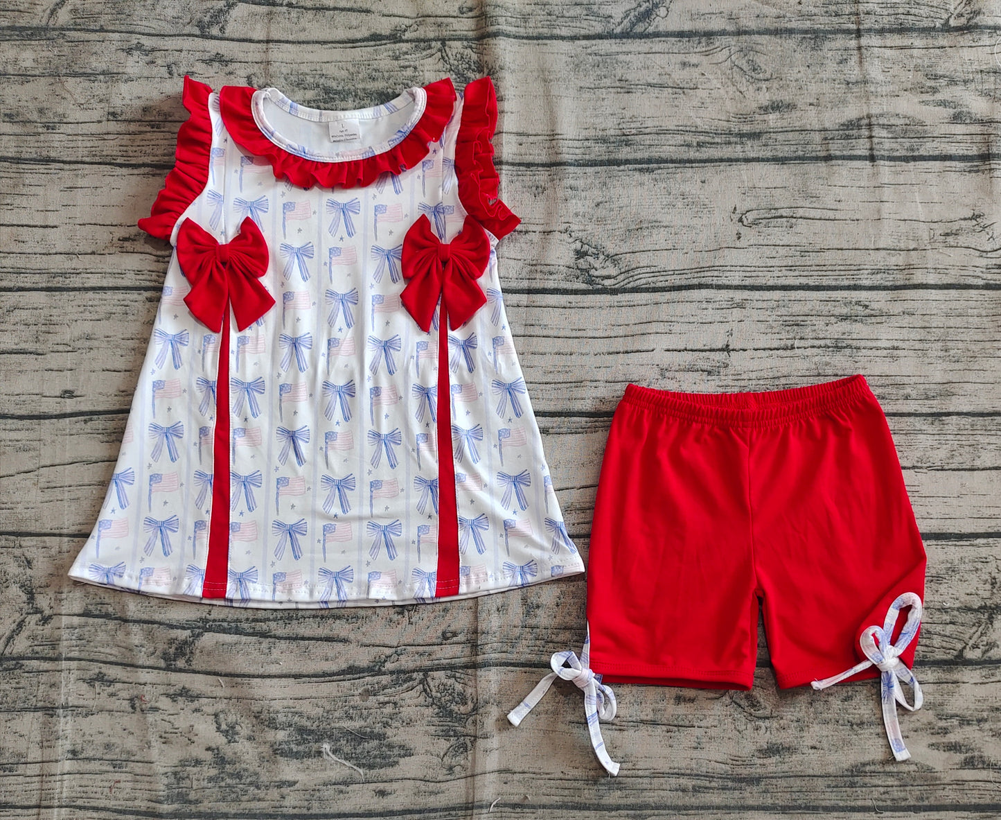 Baby Girls Red Blue Bows Flags Tunic Ruffle Shorts 4th Of July Set