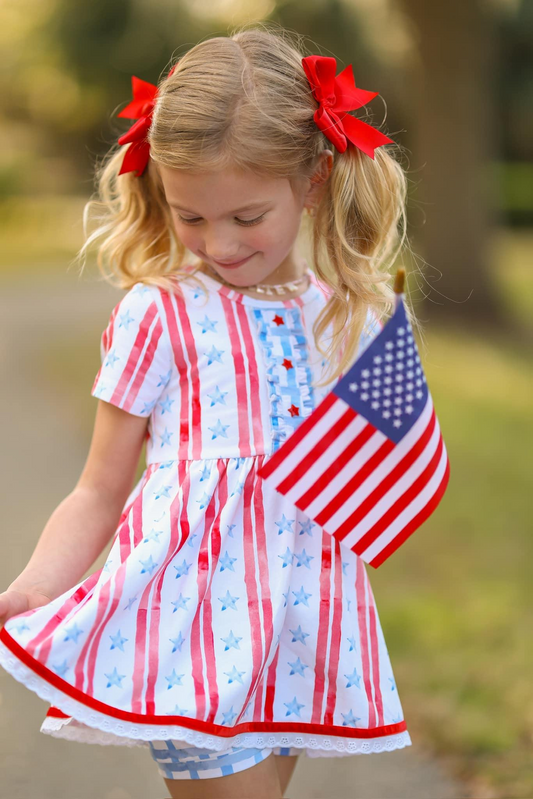 Baby Girls Short Sleeves Red Stripe Button Stars Tunic Short 4th Of July Set Preorder