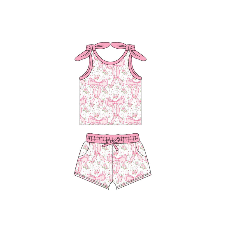 Baby Girls Pink Strap Bows Floral Top Pockets Short Clothes Set Preorder