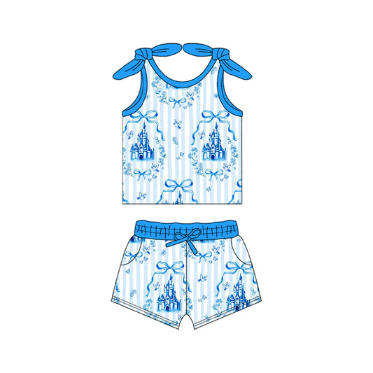Preorder moq 5 Baby Girls Blue Strap Bows Castle Top Pockets Short Clothes Set